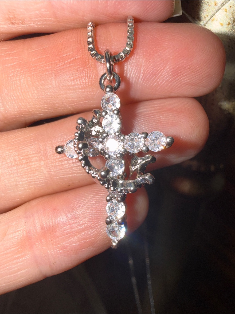 Sterling Silver MOISSANITE DIAMOND Cross Pendant w/CROWN Necklace NEW